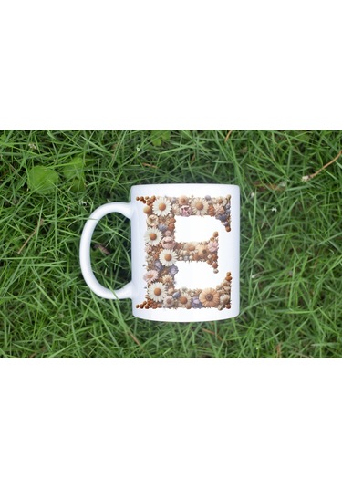 E Harfi Çiçek Desenli Kupa Bardak - Alfabe Harfleri İle Doğal Çiçekli Kupa - Hediye Fikir Beyaz