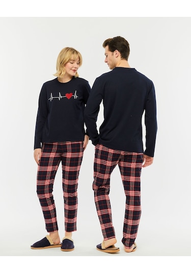 Bella Dossi Çiftlere Özel Kombin Kalp Atışı Pijama Takımı Lacivert