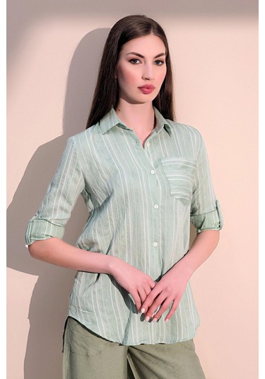 Kadın Yeşil Uzun Kol Özel Kumaş Tek Cep Gömlek Dik Çizgili Arkası Uzun Basic Kesim Gömlek Yeşil