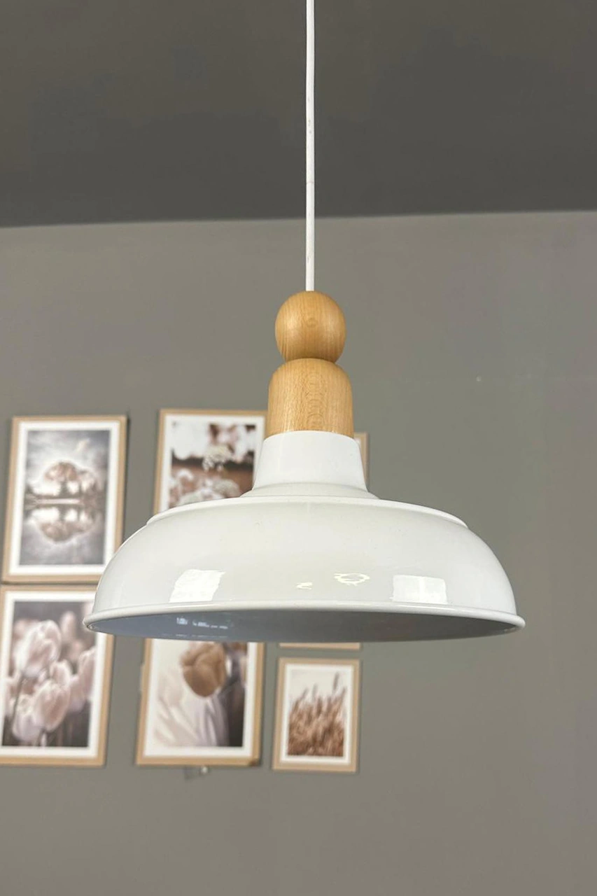 Veluna Beyaz Tekli Kalın Ahşap Boncuk Başlık Avize Retro Sarkıt Showroom Salon Mutfak Avizeleri Beyaz