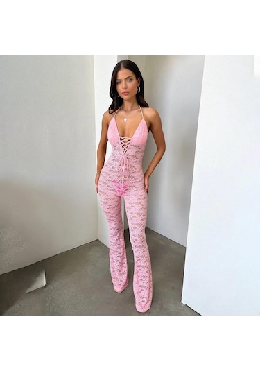 Lace Jumpsuit With Skinny Flared Legs Pink Pembe