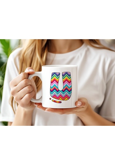 U Harfi Renkli Zigzag Desenli Kupa Bardak - Afrika Tarz Etnik Tasarım Kupa - Kişiye Özel Beyaz