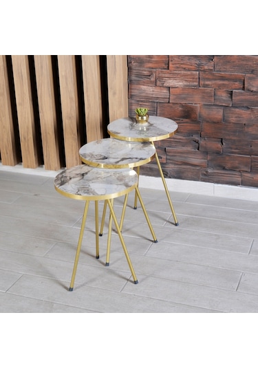 Zigon Sehpa 3'Lü Altın Metal Ayak 2 Renk Seçenekli