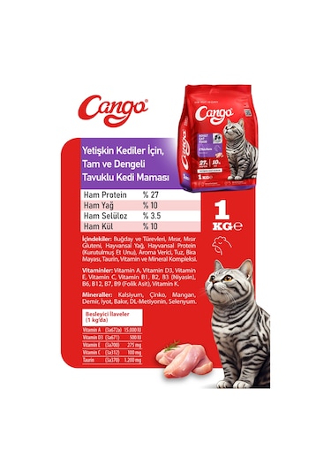 Cango Yetişkin Kedi Maması Tavuk Etli 1 Kg 5'li