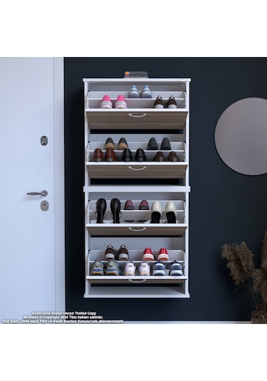 Modilayn Umay' 2 Li Asma Antre Hol 72 X 148x 25, 5 Cm Lik 4 Düşer Kapak 8 Raf Bölmeli Ayakkabılık Beyaz - Cordoba