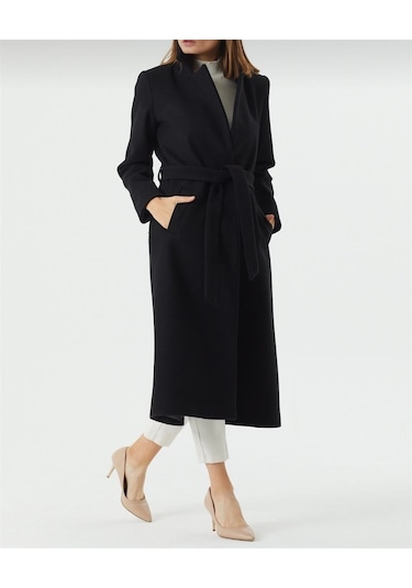 Siyah Yakalı Kuşak Kapama Yün Kaşe Manto Kaban