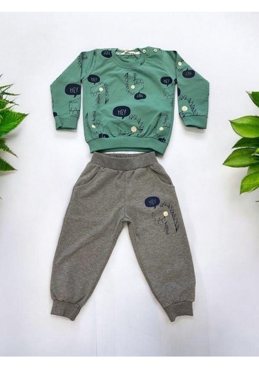 Erkek Bebek Dinazor Baskılı Pamuklu Eşofman Takım-15176 Yesil