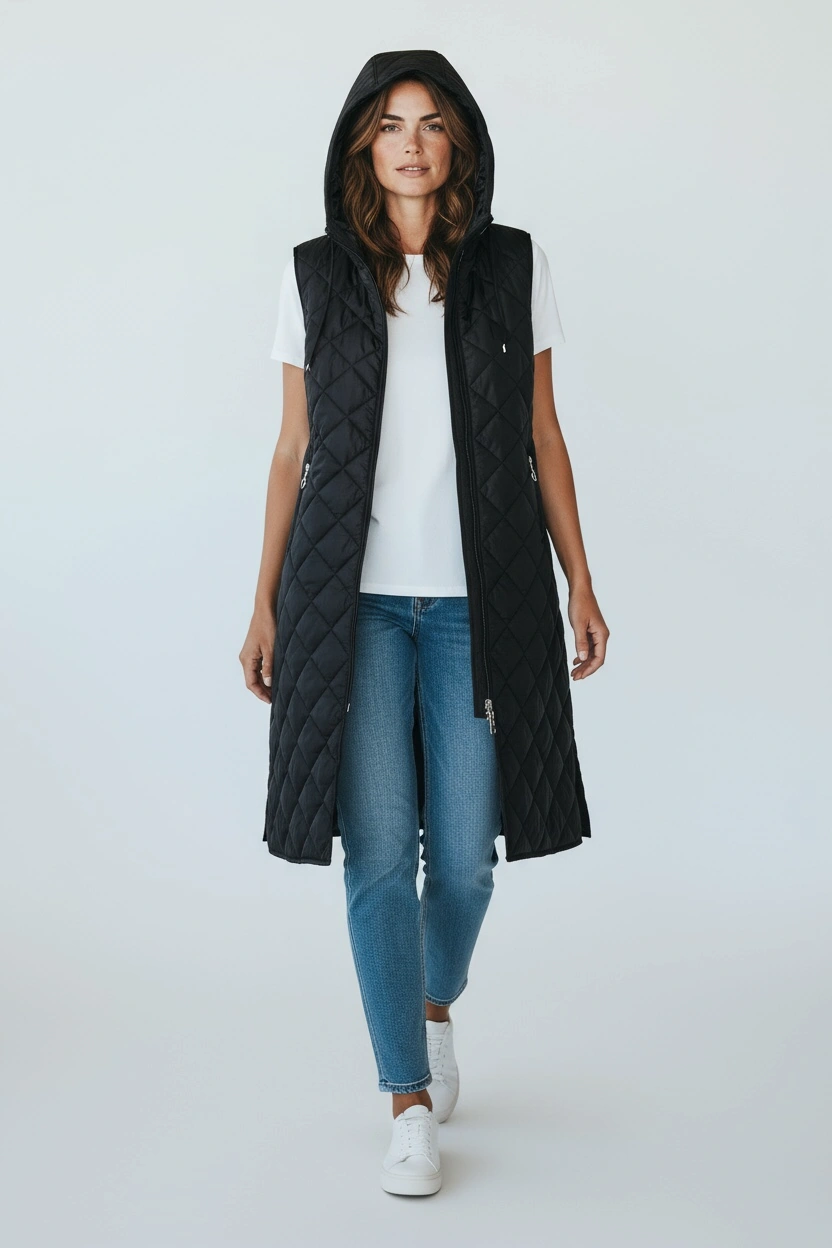 Kadın Önü Fermuarlı Yanlardan Cepli Kapüşonlu Kapitone Yelek Beyaz Siyah