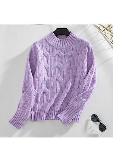Tongxida Kadın Büyük Beden Yarım Yüksek Yaka Bükülmüş Örgü Kazak - Sonbahar/kış - Bol Bükülmüş Çiçekli Kazak - Mor Mor