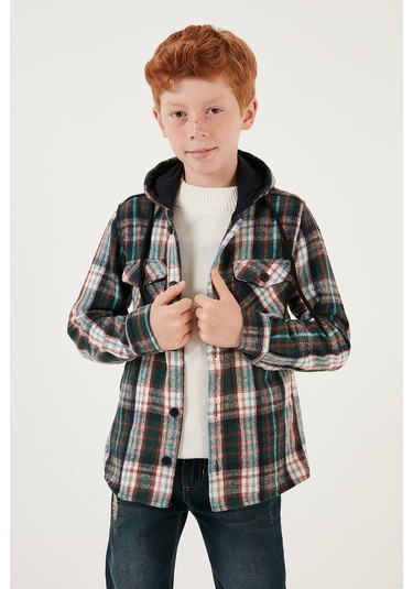 Lela Ekoseli Kapüşonlu Cepli Kışlık Oduncu Erkek Çocuk Gömlek Cf24W81779 Yeşil