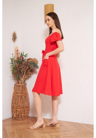 Darlin Moda Kırmızı Omzu Açık Elbise Dm1008 Kırmızı