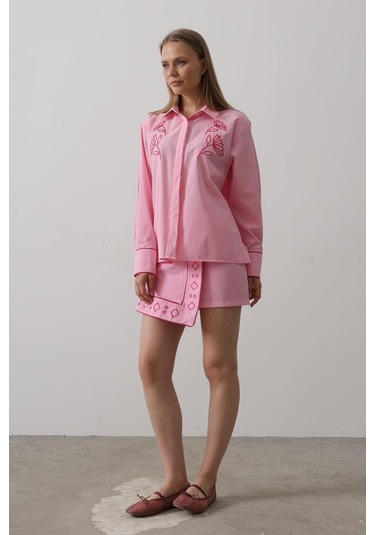 Nakış Detaylı Etekli Takım - Pembe Pembe