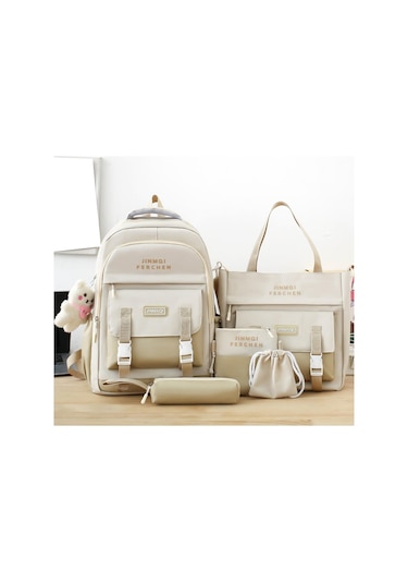 Suntek Okul Çantaları Set Tuval Sırt Çantası Kalem Çanta Bej