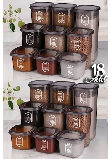 Kitchen Life 18'li Etiketli Square Kare Erzak Saklama Kabı Seti x6(550ml-1200ml-1750ml) Sert Kapaklı Kavanoz