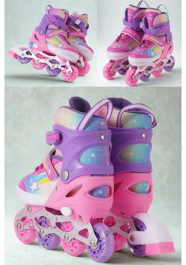 Yıldız Gökkuşağı Işıklı Kız Çocuk Pateni Silikon Teker Ayarlanabilir Paten Taşıma Çantalı Pembe Lila Pembe