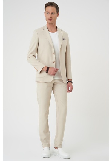 Slim Fit Torba Cep Spandex Karışımlı Casual Krem Ceket C 714 Krem