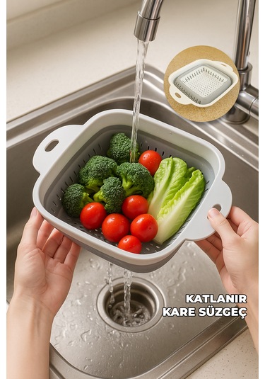 Yer Kaplamaz Katlanır Kare Süzgeç - Katlanabilir Kare Yıkama Süzgeci - Akordiyon Pirinç Süzgeci Beyaz - Gri