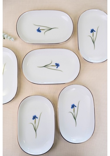Tabak Evi Porselen Natura İris Altın Yaldızlı Oval Kayık Tabak 22,50x14,50x2,50cm 6 Lı Çok Renkli