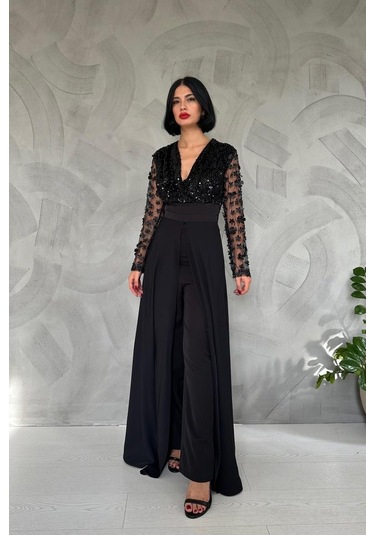 Munn Collection Siyah Kolları Tül Etekli Tulum Siyah