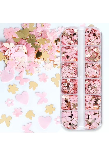 Pembe Ve Gold Tırnak Süsleme Folyo Pulları Karışık Dizayn Kelebek Kalp Tavşan Çiçek Nail Art