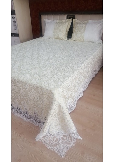 Finezza Beste Fransız Dantelli Simli Jakar Kumaş Krem Yatak Örtüs Krem