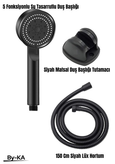 5 Fonksiyonlu Duş Başlığı+ Siyah Duş Askısı+ 150 Cm Siyah Hortum Siyah