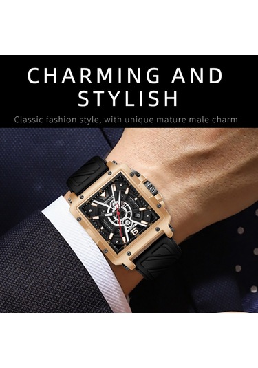 Yashıdun 5071 Şık Kare Kuvars İzle Silikon Kayış Erkekler Aydınlık Bilek Saati - Siyah Kadran / Kırmızı Kayış