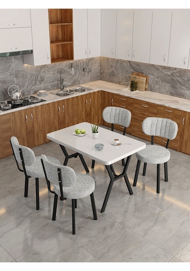 Azra 70x110cm Beyaz Mutfak Masası, Mutfak Masası Takımı, Yemek Masası, 4 Açık Gri Sandalye Açık Gri