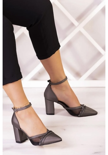 Molly Antrasit Saten Taşlı Fileli Kalın Topuklu Ayakkabı Antrasit