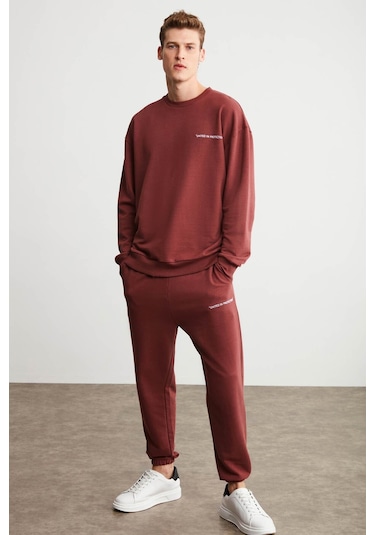 Raırok Erkek İçi Polarlı Comfort Oversize Nakışlı Bordo Sweat