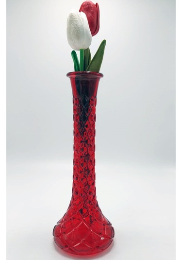 El Yapımı Kırmızı Renk Baklava Model Cam Karanfillik 25cm