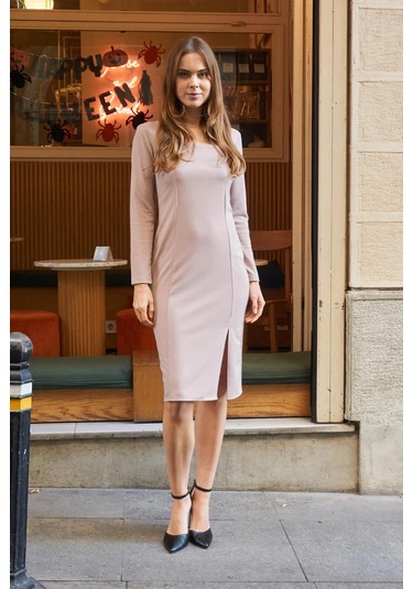 Kadın Likralı Krep Kumaş Kare Yaka Önden Yırtmaçlı Uzun Kol Diz Altı Ofis Elbise-taş Taş