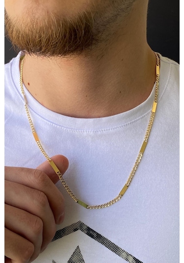 Zümrüt Sarraf 14 Ayar Altın Erkek Dikdörgen Plakalı Köşeli GurmetZincir Kolye