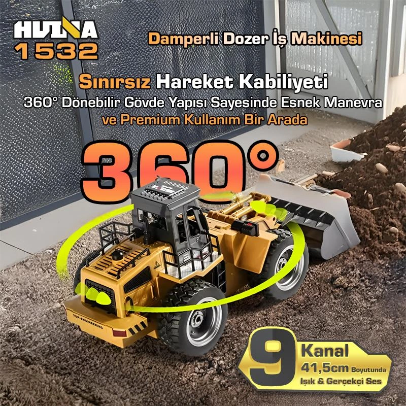 Huına 1532 1/18 9ch Rc Wheel Loader Damper Dozer Kamyon İş Makinesi Kazıcı Uzaktan Kumandalı Rc Model -2.4g Gerçekçi Similasyon Ses Ve Işık Sistemi
