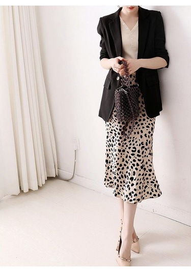 Qooth Kadın Yaz Yüksek Bel Saten Leopar A-line Etek Zarif Vintage Retro Moda Midi Etek Qt1823 Leopar