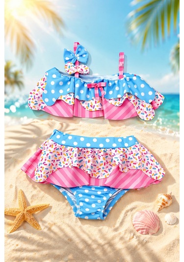 Beniizle Desenli Kız Çocuk Bikini Takımı Şekerpembe