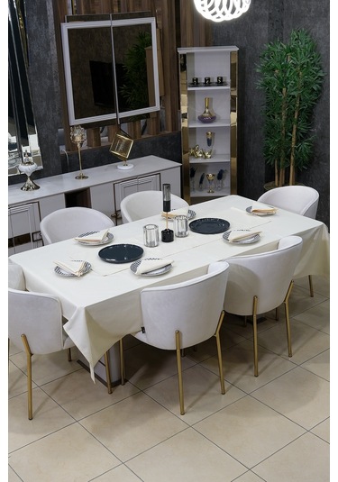 Dream 8 Parça Masa Örtüsü Seti Çeyiz Seti Salon Masa Örtüsü, Runner, 6'lı Peçete Bej