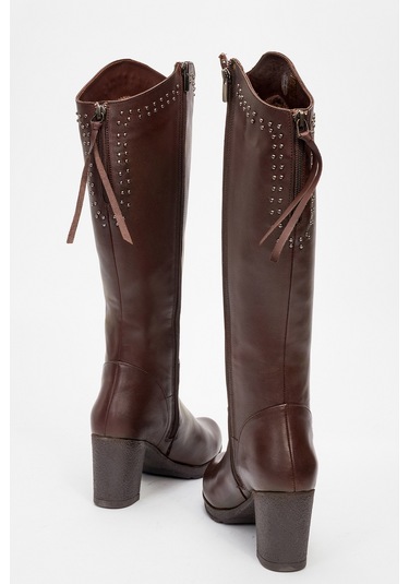 Kadın Yüksek Topuklu Fermuarlı Çizme Gerçek Deri Br 08012 Kahverengi Null Kahverengi