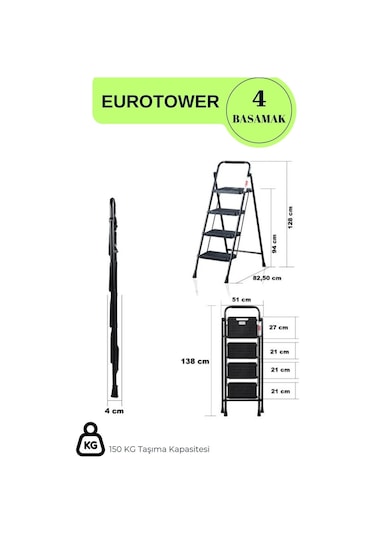 Eurotower 4 Basamak Özel Tasarım Geniş Basamaklı Siyah Merdiven 3+1