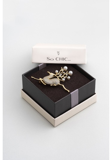 Ren Geyiği 18 Ayar Sarı Altın Kaplama Gümüş Broş Sarı Altın Kaplama