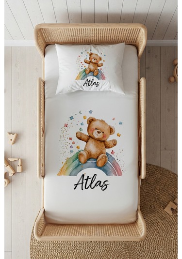 %100 Pamuk Saten İsme Özel İsimli 100x200 Tek Kişilik Lastikli Çarşaf Seti Ayıcık Beyaz