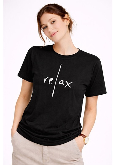 Nevermind Kadın Tişört Basic Minimal Baskılı Relax Yazılı Günlük Rahat Pamu Siyah
