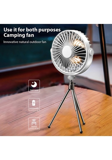 Symbee Beyaz Usb Şarjlı Tripod Fan, 3 Hızlı 4 Saatli Zamanlayıcı, Led Gece Lambası, Dış Mekan Kamp İçin Uzaktan Kumandalı Asılabilir Fan 2000mah