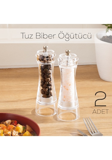 Porsima 181002 Baharat Öğütücü 2li Set Değirmen Baharat Değirmeni Tuz Karabiber Öğütücü Baharatlık Şeffaf