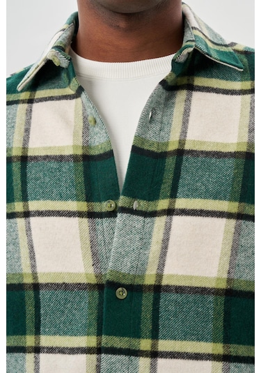 Koyu Lacivert Yünlü Ekose Desen Yumuşak Yaka Cepsiz Uzun Kol Casual Comfort Fit Gömlek 1004245227 Koyu Lacivert