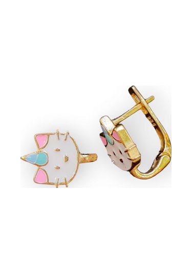 925 Ayar Gümüş Mineli Kedili Çocuk Küpesi Altın Renk