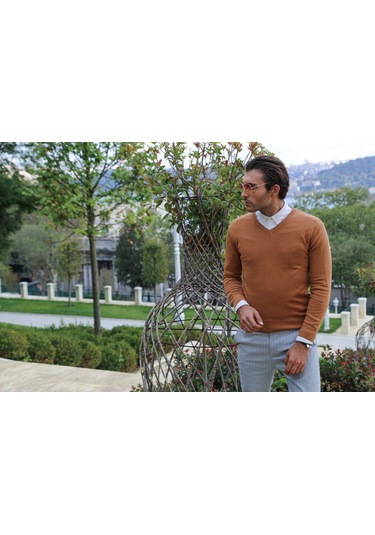 Wessi V Yaka Erkek Triko - Kahverengi