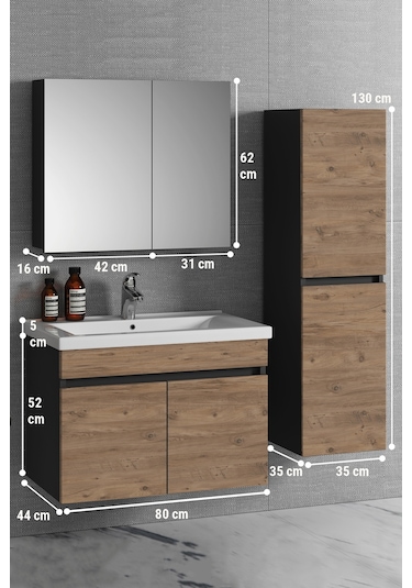 Çiğdem 80+35 Cm Antrasit Gri Mat-Atlantik Çam Mdf Seramik Lavabol Antrasit - Atlantik Çam