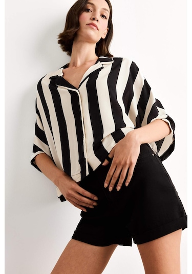 Defacto Oversize Geniş Kalıp Çizgili Kısa Kollu Gömlek G1324ax25smbk81 Siyah