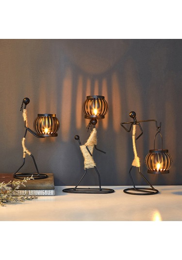 Mufunye Demir Ve Kenevir İpten Yapılmış Şık Mumluk - F Modeli Dekoratif Aydınlatma Mum Dahil Değil